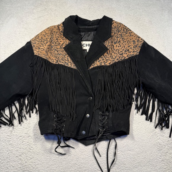 Chia Jackets & Blazers - Vintage 80s CHIA Womens Black Suede Leopard Print Fringe Lace Up Jacket M
